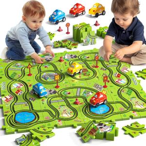 64 Pieces Puzzle Race Track Car Set Toys for 3 4 5 6 Year Old Boys - Puzzle Tracks Car Toys for Kids Ages 3-5 with 3 Sliding Toy Cars, City-Themed, Birthday Gifts for Toddlers 1-3 2-4 4-6