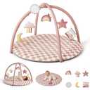 Blissful Diary Baby Play Gym Mat, Play Mat Activity Mat with 6 Detachable Toys for Stage-Based Sensory & Motor Skill Development, Easy to Install & Clean, Baby Essentials Gift, Blush Checkered