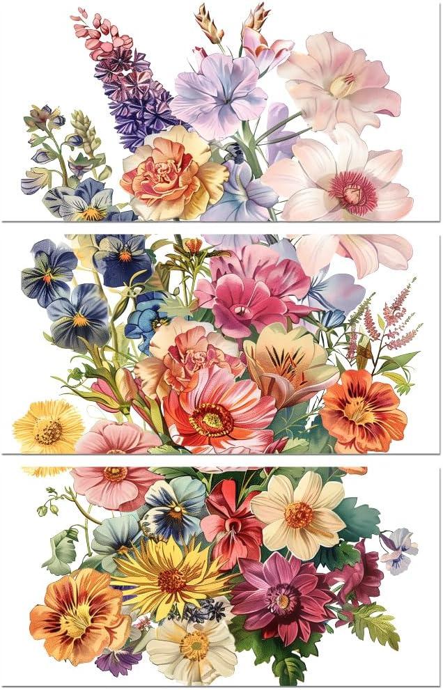Peacoblue Rub on Floral Transfer Decals for Furniture Crafts 6"x12", 3Pcs Waterproof UV Transfer Decals Sticker for Dresser, Glass, Porcelain, Paper, Wood, Decor (Vintage Flowers)