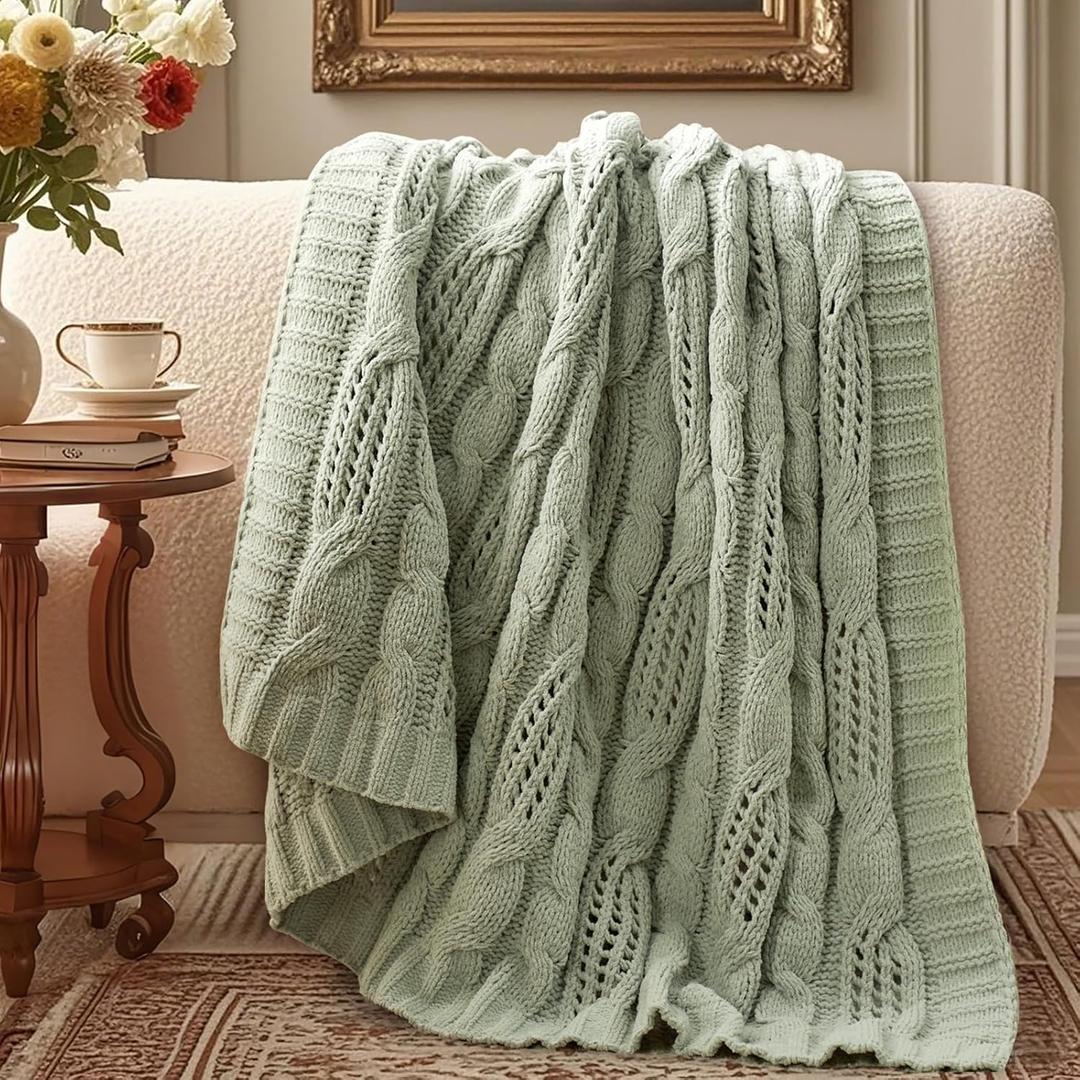 Amlie Home Chunky Knit Throw Blanket, Dual-Sided Soft Chenille Breathable Cable Knitted Blanket for Couch, Farmhouse Decorative Throw for Sofa & Chair, 50"x60", Sage Green