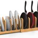Expandable Pot Lid Organizer, Bamboo Pot and Pan Organizer for Under Cabinet, 16" to 28" Adjustable Length and 10 Dividers