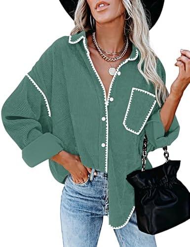 ZESICA Womens Corduroy Shacket Jacket Long Sleeve Button Down Shirt Oversized Blouses Tops with Pockets L