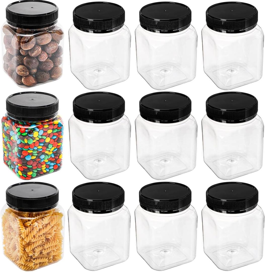 ZAVOOS 12 Pack Plastic Jars with Lids, 24 Oz Square Clear Airtight Food Container Mason Jars for Kitchen, Refillable Empty Storage Containers Bulk for Dry Food, Candy, Sugar, Nuts