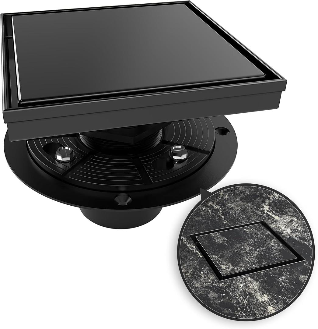 6 Inch Square Shower Drain Black Floor Drain with Flange Reversible 2-in-1 Cover Tile Insert Grate Removable SUS304 Stainless Steel CUPC Certified Matte Black
