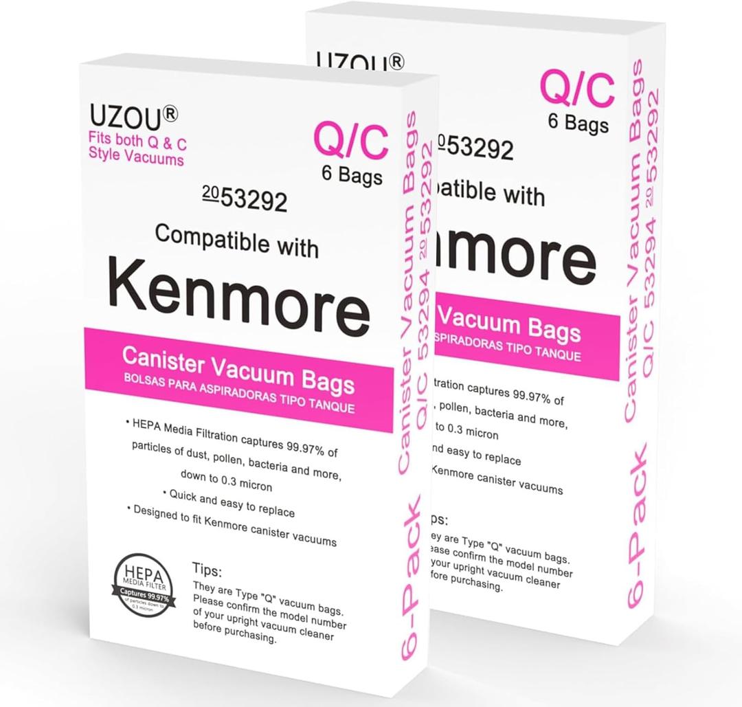 12 Pack Replacement Type Q/C 53292 HEPA Cloth Vacuum Bags Fit for Kenmore 5055, 50557, 50558, 20-53292, 53291, 200 series, 400 series, 600 series, 700 series, 800 series Canister Vacuum Cleaner