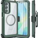 for Samsung Galaxy A16 5G Case, [Transparent & Holster Series] Belt Clip Full Body Shockproof Protective Cell Phone Cover with 2 Pack Tempered Glass Screen Protector (Dark Green/Clear)