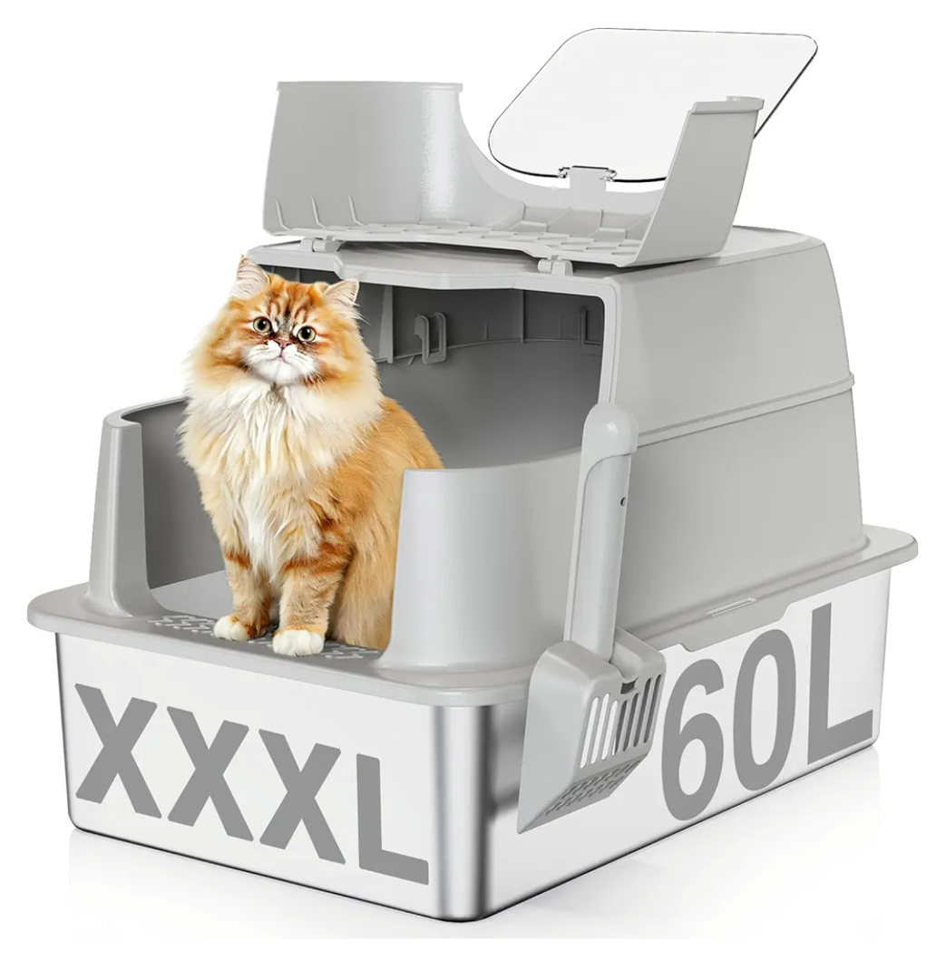 Stainless Steel Cat Litter Box with Lid, 180° Flip-Top XXXL Extra Large Enclosed Litter Box, 26" L x 18" W x 17" H Metal Litter Box with Hight Sides for Big Cats & Multiple Cats-Light Gray