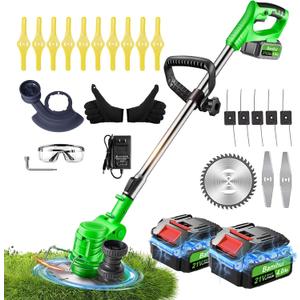 Electric Weed Wacker Cordless, 21V Battery Powered Weed Electric Eater with Wheels and 2pcs 4.0ah Batteries, 4 Types Blades,4 in 1 String Trimmer/Edger/Brush Cutter for Lawn Yard Garden (light green)