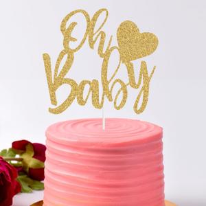 Glitter Oh Baby Cake Topper - Welcome Baby birthday Cake Decoration, Gender Reveal Baby Shower Party Supplies Gold, He-0036