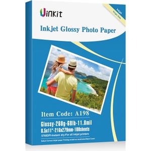 Uinkit 100 Sheets Heavyweight Thick Glossy Photo Paper Single side 8.5x11 Inkjet 68lb 260Gsm DIY Greeting Card Placemat Craft Project Signage Christmas Poster 11.8Mil for Inkjet printer