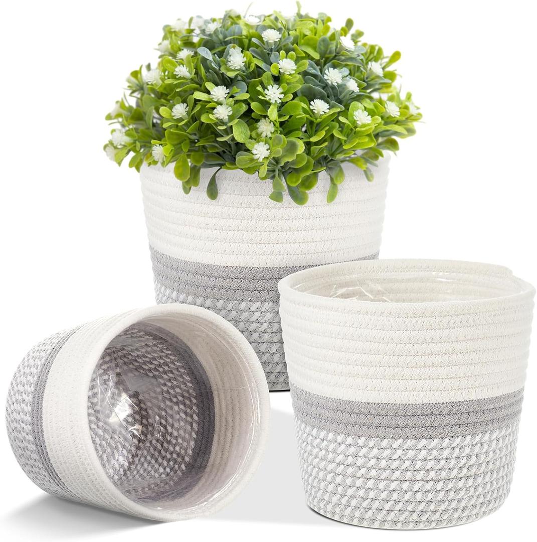 3 Pcs Cotton Rope Plant Basket with Plastic Liner Rustic Plant Basket Planters Modern Woven Decorative Pots for Home Flower Indoor Storage Decor, 7.5 x 6.5 Inches(White, Gray)