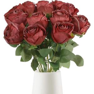12 pcs Roses Artificial Flowers Vintage Burnt Red Rose 20" Faux Silk Roses Bouquet with Long Stem for Wedding Party Floral Centerpieces Decoration (Vintage Red)