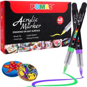 POMAC 48 Colors Acrylic Paint Markers, Water-Based Acrylic Pens Brush Tip, Art Drawing Liquid Paint Pens for Fabric, Canvas, Rock, Glass, Wood, Paper, DIY Crafts and Art Supplies