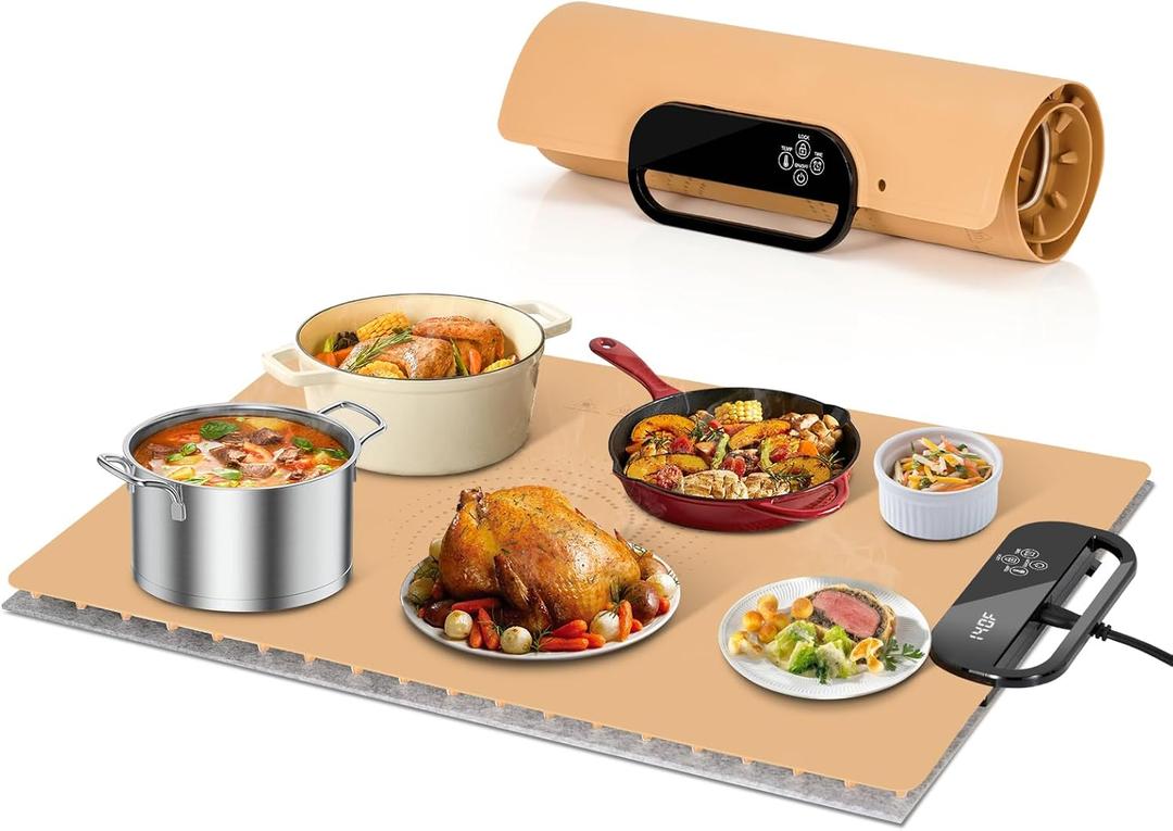 Food Warming Mat  Fast Heating Electric Warming Tray with 7 Temp Settings, 11-Hour Timer & Auto Shut-Off, Foldable Silicone Mat with Child Lock, Portable Warming Pad for Buffets, Holidays  Brown