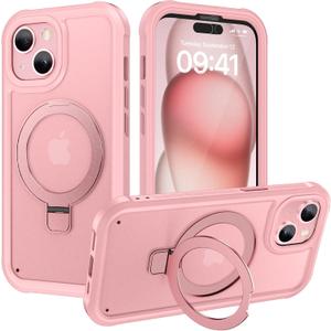 Diaclara Designed for iPhone 15 Plus Case 6.7'', Translucent Matte Back Slim Shockproof Full Body Rugged Case w/Built-in Screen Protector+Ring Stand, Pink-Stand
