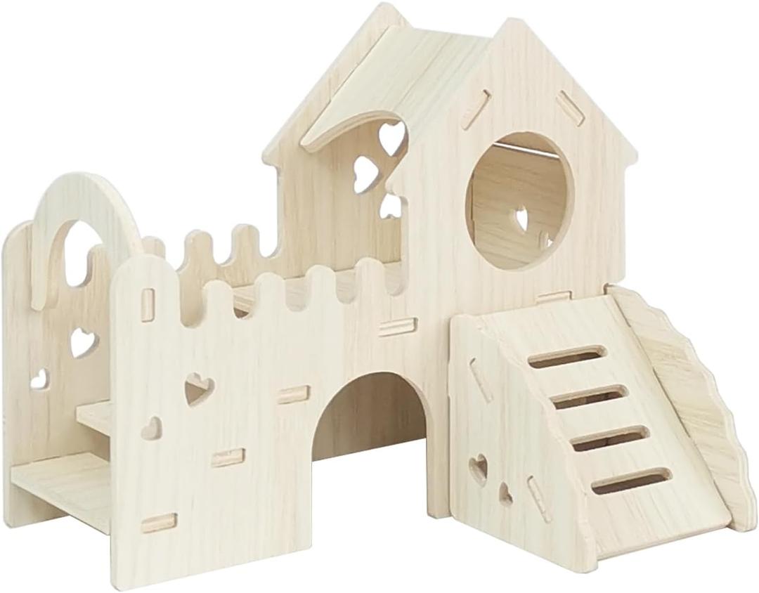 Wood Hamster Hideout House Habitat Wooden Maze Hide Hut with Climbing Ladder and Platform Cage Accessories Toys for Dwarf Gerbils Mouse Mice Rat Other Small Animals etc.