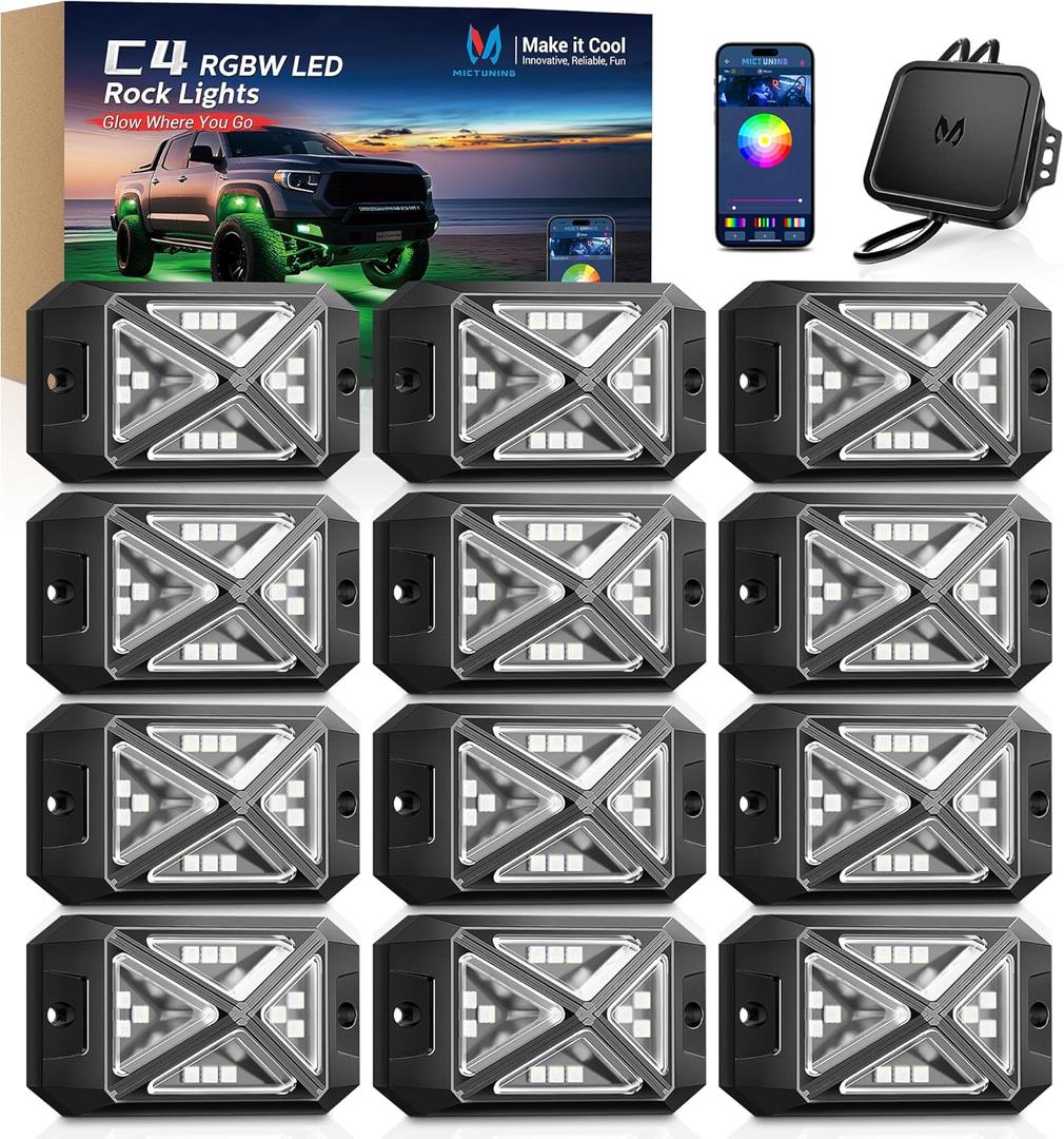 MICTUNING C4 RGBW Rock Lights Kit, 12 Pods 360 Ultra-Bright 4-Sided Wide Beam Angle Underglow Neon Accent Lighting Kit, Microphone Sync with APP Control, IP68 Waterproof
