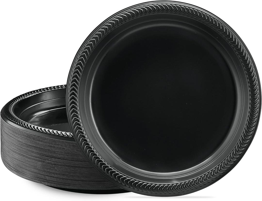 PLASTICPRO 100 PCS Black Plastic Plates Light Weight 9 Inch Plastic Dinner Plates Black Plates Disposable for Party and Wedding