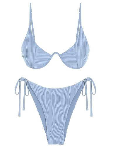 ZAFUL Women's Chic Bikini Sets String Underwire Two Piece Bathing Suit Tie Side Thong Cheeky Swimsuits Sky Blue M