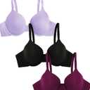Fruit of the Loom Women's Smooth Cotton T-Shirt Bra Pack - Ultra-Soft, Flexible, and Invisible Under Tees (36B, Lilac Whisper/Purple Velvet/Black)