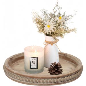 SOFE 16 Inches Round Wood Tray, Hand Crafted Beaded Farmhouse Large Candle Tray Decorative, Rustic Coffee Table Centerpieces for Kitchen and Dining, Living Room