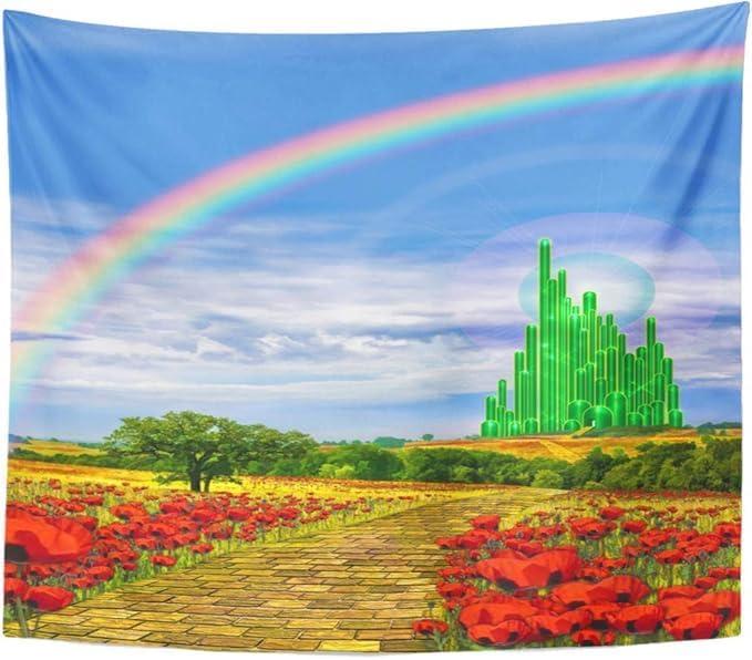 Emvency Tapestry Fields Musical Yellow Brick Road Backdrop Leading Into Emerald Wizard City Land Rainbow Party Home Decor Wall Hanging for Living Room Bedroom Dorm 70x90 Inches