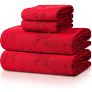 Peryiter 4 Pcs Christmas Red Bow Hand Towels and Bath Towels Set for Bathroom 100% Cotton Absorbent Decorative Jacquard Weave Coquette Bathroom Decoration Preppy Bath Decoration Gift