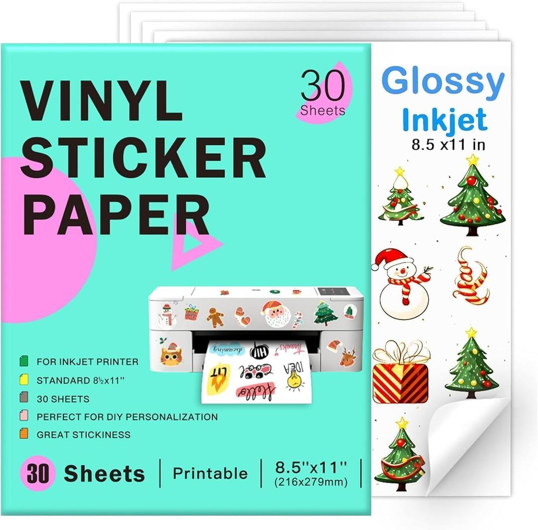 Printable Vinyl Sticker Paper for Inkjet Printer-30 Sheets Glossy White 8.5" x 11" Waterproof Labels Paper, Dries Quickly, Vivid Colors, Tear Resistant, DIY Christmas Stickers