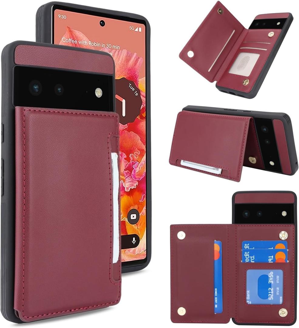 ICoverCase Compatible with Google Pixel 6 Case with Card Holder, Wallet Phone Case for Women Men [RFID Blocking] PU Leather Protective Wallet Case for Pixel 6 (Wine Red)