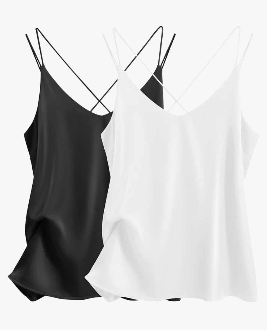Ekouaer Womens Silk Satin Camisole Tank Tops V Neck Spaghetti Strap Blouses Cross Back Sleeveless Cami Shirt Size M, Black and White
