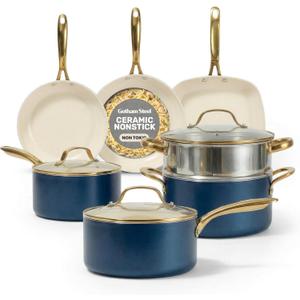 Gotham Steel 12 Pc Ceramic Cookware Set Nonstick, Ceramic Pots and Pans Set Non Stick with Steamer for Cooking, Non Toxic PFOA PFOS Free, Premium Stay Cool Handles, Oven & Dishwasher Safe (Navy Gold)