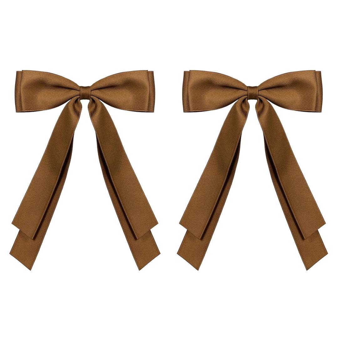 2PCS Hair Accessories for Women Girls 5.5inch Fall Brown Long Tail Bow Hair Clip Barrettes Tassel Ribbon Bow-knot Slides Metal Alligator Clips Hairpins for Toddlers, Kids,Teens