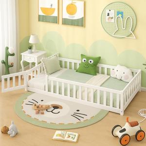 Twin Floor Bed with Fence for Kids, Wooden Montessori Bed Frame with Lockable Door & Guardrails, Low Floor Beds for Kids, Boys, Girls, No Box Spring Needed, Without Wood Slats, White