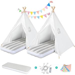 2 Pack Teepee Tent for Kids with Inflatable Airbed, Light, Indoor Toddler Sleepover Tents Children Room Tents for Slumber Party, Outdoor Kids Play Tent Play House for Girls & Boys