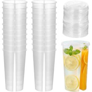 20 Pieces Disposable Split Cup for Drinks, Round Plastic Drink Cups with Lids, Clear Double Grid Bubble Tea Cup Smoothie Coffee Mug Sharing Tumblers for Milk Tea Juice Party Supplies Valentines Day