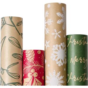 YANGTE Vintage Recyclable Christmas Wrapping Paper Rolls, Brown Kraft Wrapping Paper with Red and Green Pattern, Holiday Gift Wrapping Paper Christmas Rolls, 17x120 inch, 4 Rolls