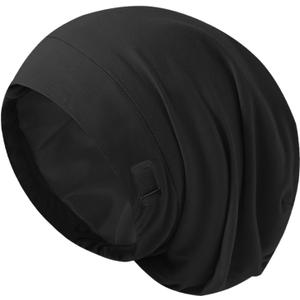 Silk Bonnet for Sleeping Women, Adjustable Silky Satin Lined Sleep Cap, Silk Hair Wrap Slouch Beanie Hat (Black)