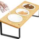 Sunhoo Raised Cat Food Water Bowl Elevated Tilted Kitty Dishes Set of 3 Ceramic Dish for Indoor Cats Orthopedic Pet Food Stand Reduces Vomiting 3 Bowl Cat Feeder Easy Assembly(Wood Color)