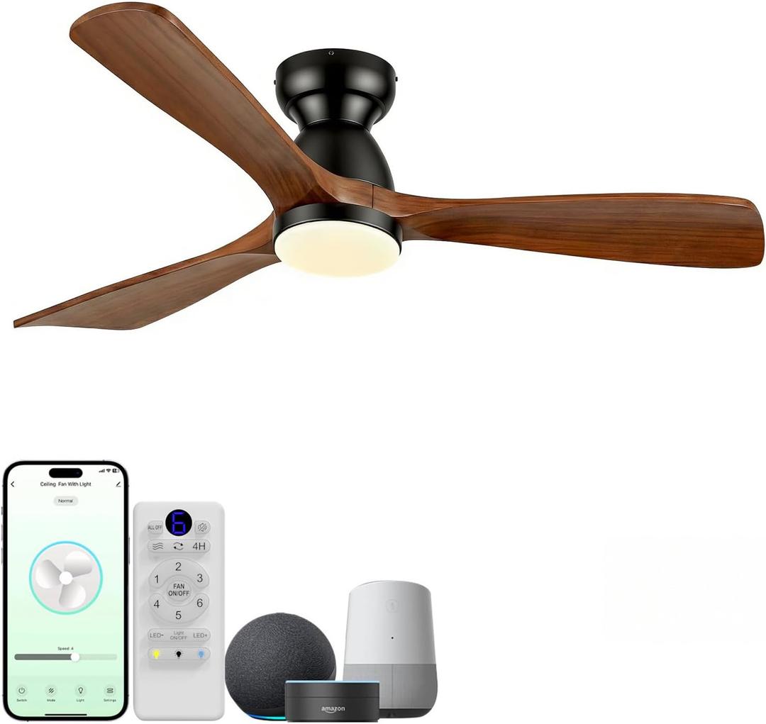 60in Smart Flush Mount Ceiling Fans with Lights,Outdoor Low Profile Ceiling Fan Quiet DC Motor,Work with Alexa/Gg Voice Control/App/Remote,Dimmable,6-speed,3 Wood blades Fan for Patio,Dark Walnut
