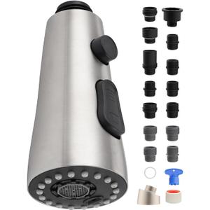 Hygie Rinse Stainless Faucet Head Replacement with 15 Adapters Compatible with Moen/Delta/Kohler Pull Down Kitchen Faucet, 3 Water Modes Kitchen Sink Faucet Sprayer Head, Brushed Nickel Finish