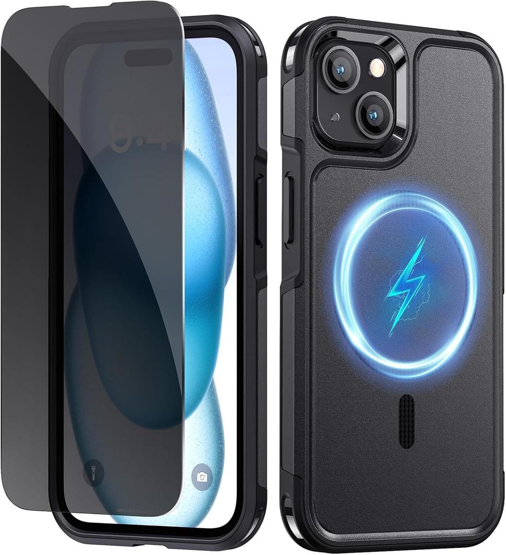 Lanhiem Magnetic for iPhone 15 Case with Privacy Screen Protector, 10 FT Military Grade Shockproof Heavy Duty Case Protective Phone Cover Compatible with MagSafe for iPhone 15 (Black)