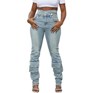 Vakkest Sexy High Waisted Skinny Jeans for Women Bodycon Crossover Stretchy Denim Cargo Pants Streetwear with Pockets (Small, Blue)