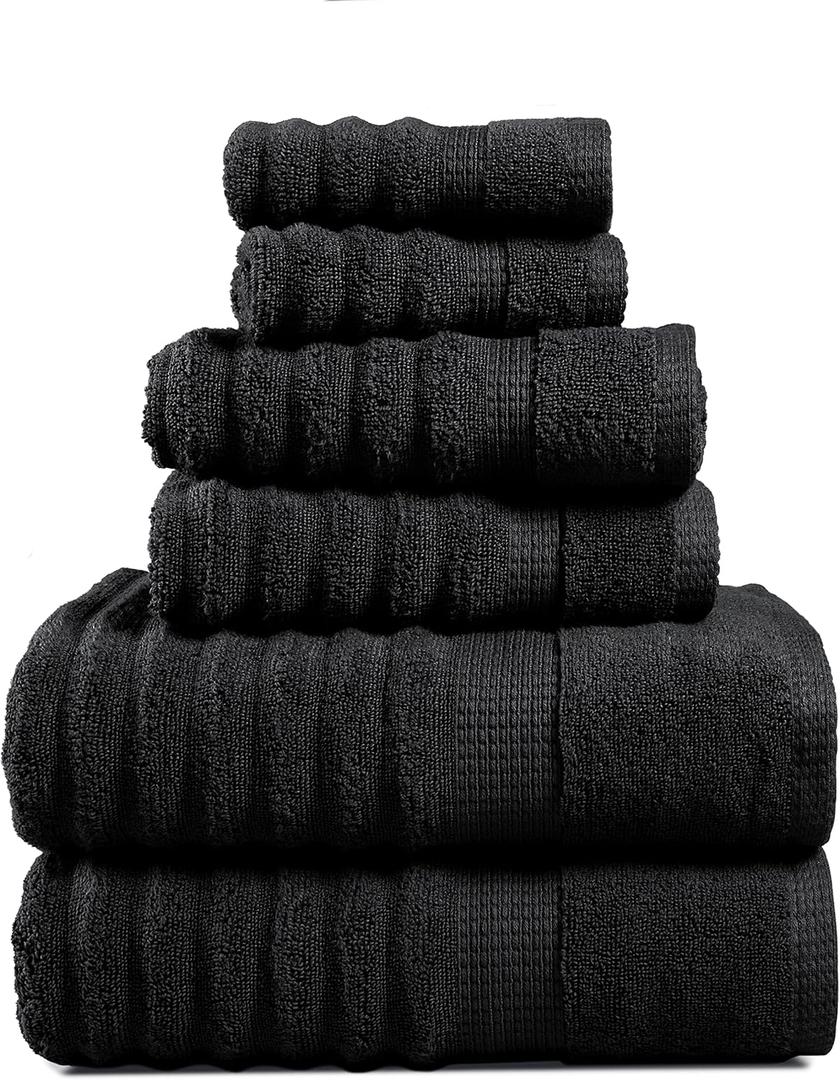 LANE LINEN 6-Piece Bath Towel Set  100% Cotton, Quick Dry, Zero Twist, Ribbed, Luxury Towels, Includes 2 Large Bath Towels, 2 Hand Towels, 2 Washcloths, Premium Everyday Use - Black