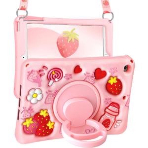 Boaretiu for iPad mini 5/4 Generation Case - Soft Silicone Cute Cartoon for iPad mini 5th/4th Case with Shoulder Strap & Rotating Stand 3D Kawaii for Women Girls Girly Teens, Strawberry