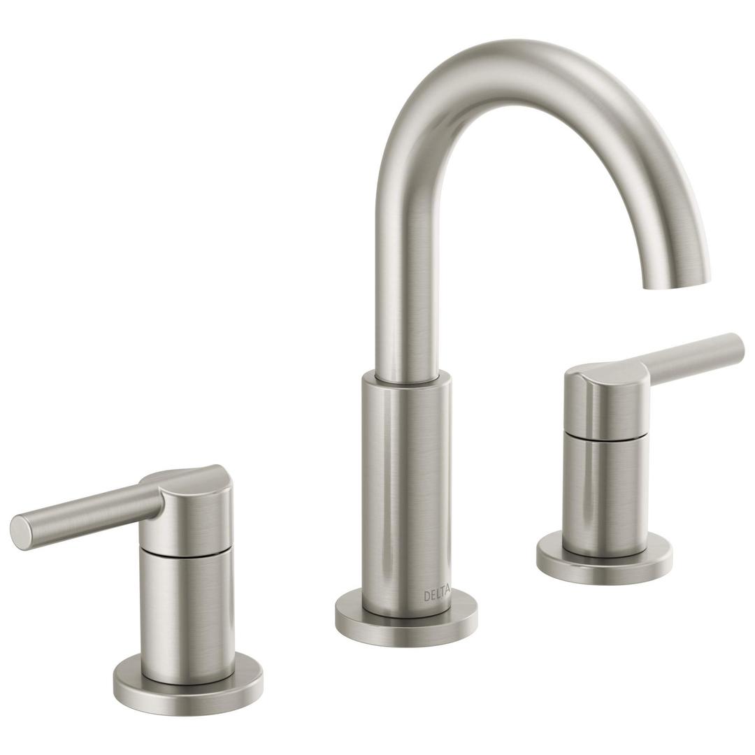 Delta Nicoli Brushed Nickel Faucet 3 Hole, 8 Inch Widespread Bathroom Sink Faucet for Vanity, Push-Pop Drain Assembly, Stainless