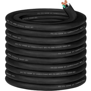 100ft 12/3 12 Gauge SOOW Wire 12 AWG SOOW Portable Power Cable 600V 3 Conductor 12/3 12 Gauge Extension Cord Electric Wire for Motor Lead,Generator,Welder,NEMA 14-20 RV Outlet Box,Car Battery Charger