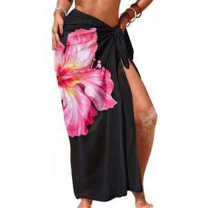 Herseas Women Sheer Sarong High Slit One Size Swimsuit Coverups 2026 Summer Floral Print Chiffon Wraps Beach Cover Up (Black)