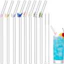 8 Pcs Reusable Glass Straws with Flower Butterfly Glass Clear Shatter Resistant Bent Colorful Floral Cute Reusable Straws with 2 Pcs Brush for Party Drink Cocktail
