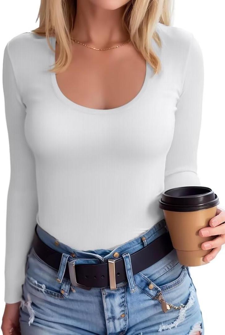 SANDERY Summer Women's Scoop Neck Short Sleeve Shirts Ribbed Slim Fitted Casual Basic Top Blouses (X-Large, Long-white)