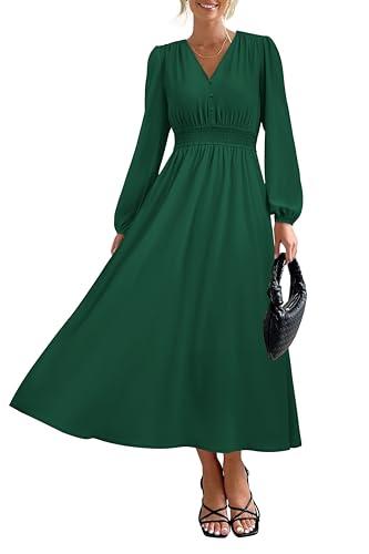 PRETTYGARDEN Womens Long Sleeve Maxi Dress 2025 Fall Trendy Elegant V Neck Flowy Wedding Guest Holiday Formal Long Dresses (Dark Green, Medium)
